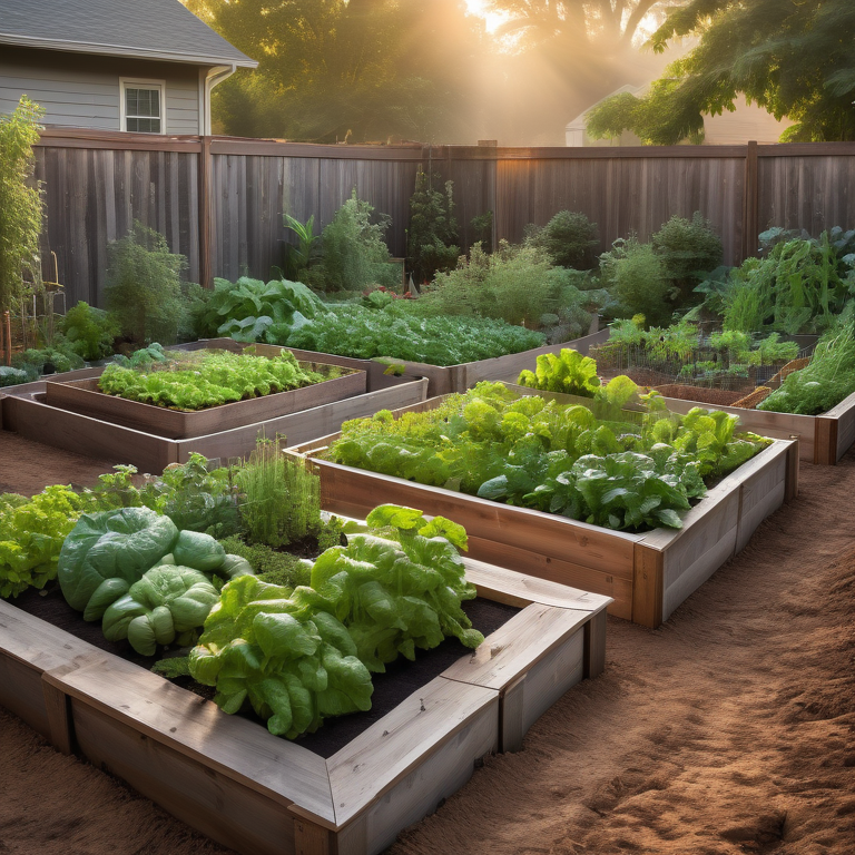 Sunrise illuminates a serene garden with multiple wooden raised beds full of mature vegetables.